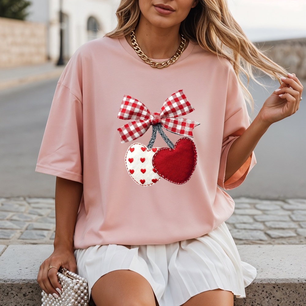 Cherries Gingham Bow & Fabric Heart Cherries T-shirtXXL 2XL 3XL New Pink